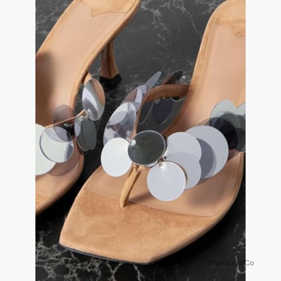 Suede Sequin Kitten Heels Strappy Thong Slide Sandals Party Mules - Picture 3 of 7